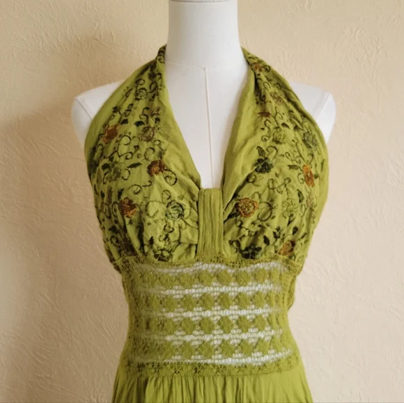 Vintage Embroidered Green Gauze Boho Halter Dress - Picture 2 of 8